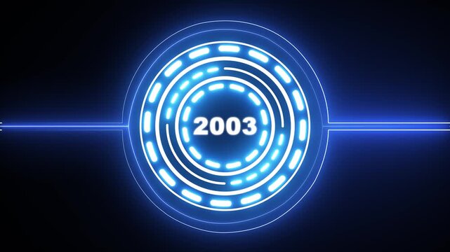 2003 text with screen effects of technological failures. Concept of counting years. Past year technology concept on black background. 4k video animation