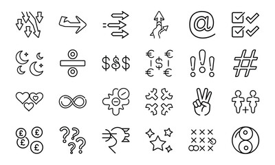 Minimalist Black Line Symbol Icons Bundle – Currency, Arrows, Social, Love, Checkmarks, Peace, Hashtag, Moon, Star, Plus Minus, People & Abstract Shapes in Silhouettes Style on White Background


