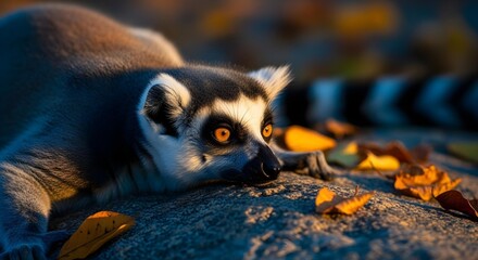 Obraz premium A closeup of a lemur sunning on a rock in a green forest and looking into camera