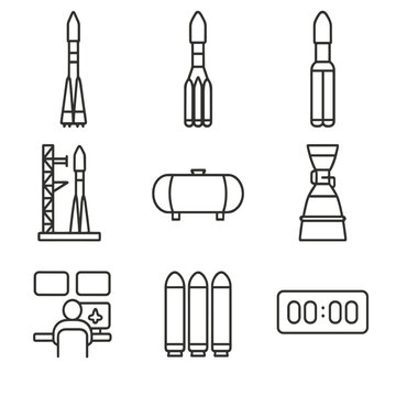 Roscosmos Rocket Icons. Outline icon set of Roscosmos launch vehicles: Soyuz rocket, Proton rocket, Angara rocket, launch pad,