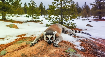Obraz premium A closeup of a lemur sunning on a rock in a green forest and looking into camera