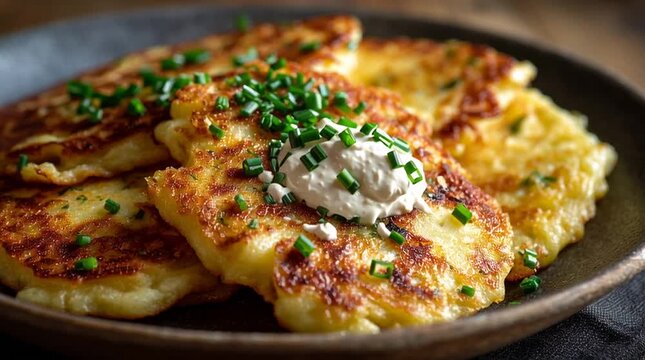 Golden potato pancakes with sour cream and chives