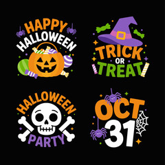 Pumpkin and skull vector, halloween party badge, october 31 celebration, witch hat, festive cartoon illustration