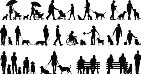 Vector silhouettes of people in various poses, including women, men, children, dancers, and couples, showcasing movement, fashion, and family in a dynamic, artistic design