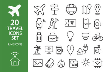 Collection of twenty travel icons in a minimalist line art style perfect for web design and application interfaces