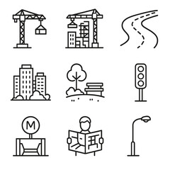 Urban Icon Expansion. Outline icon set of expanding urban environment: cranes, building sites, new roads, city