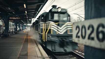 Arrival of 2026 — train arriving in winter snow as a New Year symbol