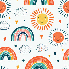Childish Doodle Seamless Pattern
Colorful seamless pattern of doodle drawings like suns, rainbows, and funny faces for kids.