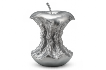Metallic apple core on transparent background symbolizing food waste, consumerism or digitally generated art