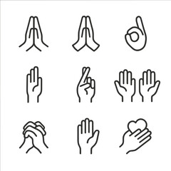 Obraz premium Sacred Gesture Icons. Outline icon set of sacred gestures: namaste, prayer hands, mudra, blessing hand, crossed fingers, raised