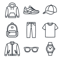Urban Fashion Icons. Outline icon set of urban fashion style: hoodie, sneakers, baseball cap, backpack, jeans,