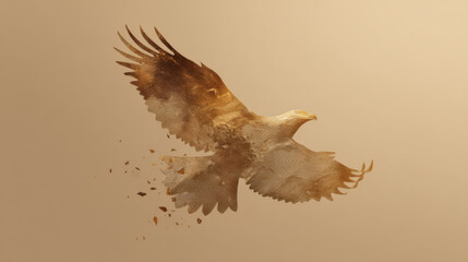 Golden eagle disintegrating into artistic abstract particles