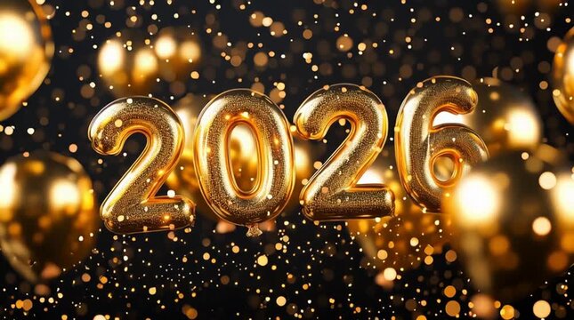 Golden 2026 New Year Celebration with Balloons and Confetti on Dark Background