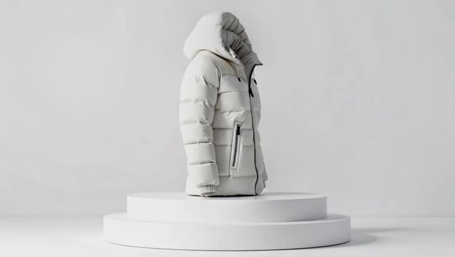 White Puffer Jacket with Hood Rotating on Display Platform in Studio Style