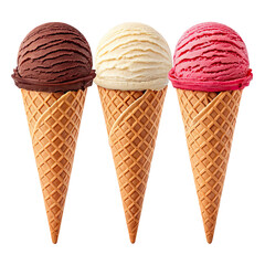 Three delicious ice cream cones with chocolate vanilla and strawberry flavors isolated on transparent background