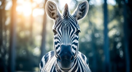 A closeup of a zebra and looking into camera behind it a view of blurred green forest
