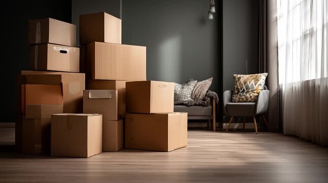 Cardboard boxes stacked in empty room during moving day, relocation concept