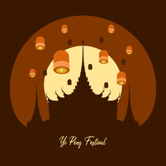 Yi Peng Festival to celebrate in November. Illustration of a silhouette of a Thai temple with many sky lanterns flying to celebrate the Celebration of Lights in Thailand.