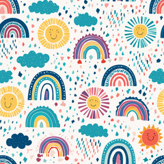 Childish Doodle Seamless Pattern
Colorful seamless pattern of doodle drawings like suns, rainbows, and funny faces for kids.