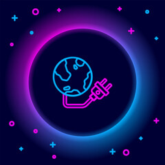 Glowing neon line Global energy power planet with plug icon isolated on black background. Ecology concept and environmental. Colorful outline concept. Vector