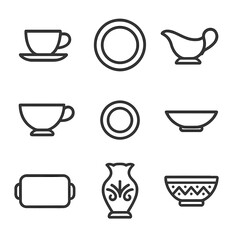 Fototapeta premium Fine China Icons. Outline icon set of fine china items: tea cup, dessert plate, gravy boat, soup bowl, bread plate, small dish,