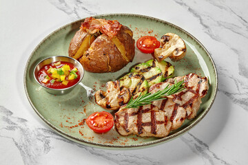Grilled pork tenderloin with baked potato, grilled vegetables and tomato sauce served on green plate