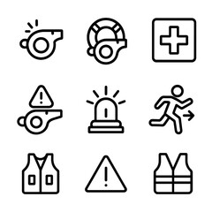 Safety Whistles Icon Set. Outline icon set of whistle in safety: emergency whistle, lifeguard, first aid, rescue, warning, alert,