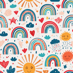 Childish Doodle Seamless Pattern
Colorful seamless pattern of doodle drawings like suns, rainbows, and funny faces for kids.