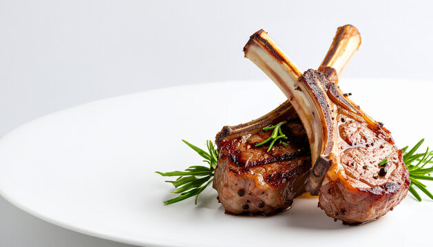 Grilled lamb chops with fresh rosemary on a white plate