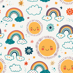 Childish Doodle Seamless Pattern
Colorful seamless pattern of doodle drawings like suns, rainbows, and funny faces for kids.
