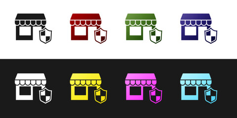 Set Shopping building with shield icon isolated on black and white background. Insurance concept. Security, safety, protection, protect concept. Vector.