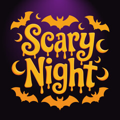 Scary night purple background, halloween bat and moon illustration, spooky party design, creative vector art