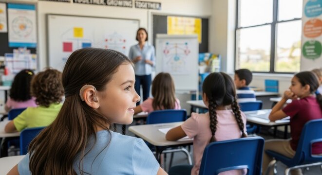 Girl with hearing aid in a classroom looking away during lesson