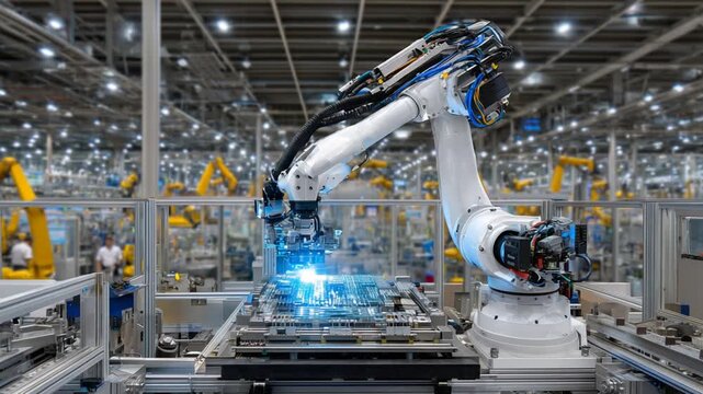 An advanced industrial robot with articulated arms assembles fragile glass components as humans perform visual inspections.