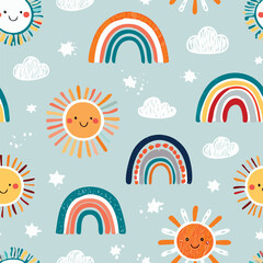 Childish Doodle Seamless Pattern
Colorful seamless pattern of doodle drawings like suns, rainbows, and funny faces for kids.