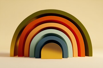 Obraz premium Soft-colored wooden rainbow stacker toy on neutral background, encourages creative building, tactile exploration, and developmental play.