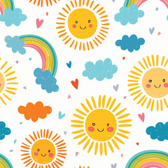 Childish Doodle Seamless Pattern
Colorful seamless pattern of doodle drawings like suns, rainbows, and funny faces for kids.