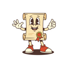 Vintage scroll mascot with joyful expression, thumbs-up gesture and gold seal ribbon. Ideal for academic projects, e-learning, branding or retro-style promotions. Fun and energetic vector illustration