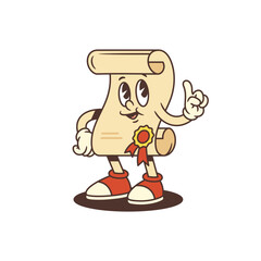 Cartoon-style scroll mascot with raised finger gesture, cheerful smile, red sneakers, and ribbon seal. Great for educational content, branding or academic visuals. Vector illustration