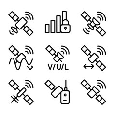 Fototapeta premium Satellite Signal Icons. Outline icon set of satellite signals: radio waves, signal strength, encryption, modulation, frequency
