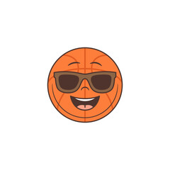 Obraz premium Energetic cartoon-style basketball emoji wearing trendy sunglasses and flashing a big smile, perfect for branding, youth media, or sport-themed designs. A bold and expressive vector illustration