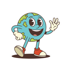 Cheerful Earth mascot with bright smile, expressive eyes, and green continents raises one hand in a wave while the other rests on its hip. Ideal for environmental education and outreach
