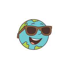 Earth mascot with dark sunglasses and smiling face radiates positivity and fun. Playful design ideal for environmental awareness and education projects. Vector illustration
