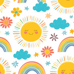 Childish Doodle Seamless Pattern
Colorful seamless pattern of doodle drawings like suns, rainbows, and funny faces for kids.