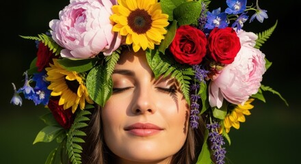 Naklejka premium Woman with eyes closed wearing a colorful flower crown, beauty shot