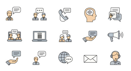 Dynamic communication icons showcasing diverse business interactions, customer support, and global connectivity for modern digital strategies