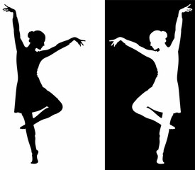 Dynamic silhouette illustrations of dancing people and couples posing in black and white