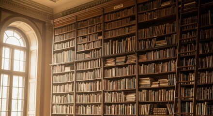 Library with many books on shelves and rolling ladder in a row