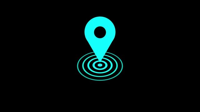 Animated map location icon with radio wave and locator pin point symbol. GPS navigator pin with location icon and radio waves with black background.