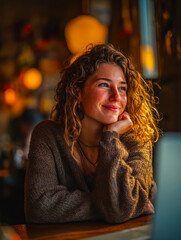 Young woman with curly hair enjoying a moment of reflection at a cozy caf?